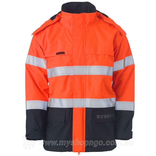 Taped Hi Vis FR Wet Weather Shell Jacket BJ8110T-TT02 (Orange/Navy) by Bisley Workwear